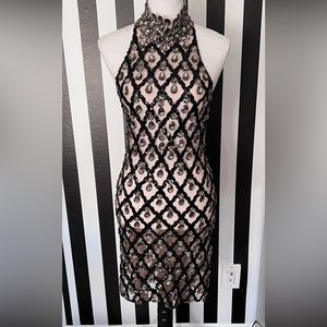 Black Sequin & Crystal Embellished High Neck Mini Dress - Custom Made NWT